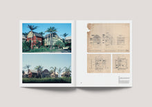 Load image into Gallery viewer, Book spread for Gabriel Poole Houses: Poetry in Construction, featuring one of Poole's lightweight sub-tropical Queensland houses, edited by Andrew Mackenzie, published by Uro Publications.
